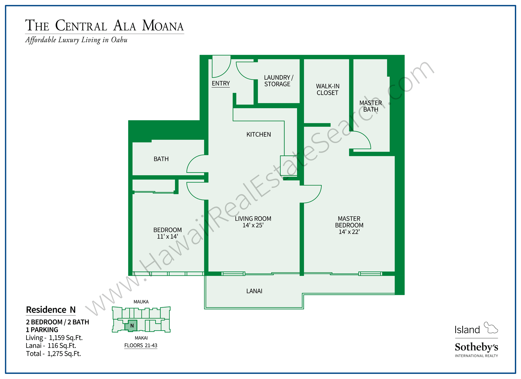 Floor Plan of 2 Bedroom Central Ala Moana